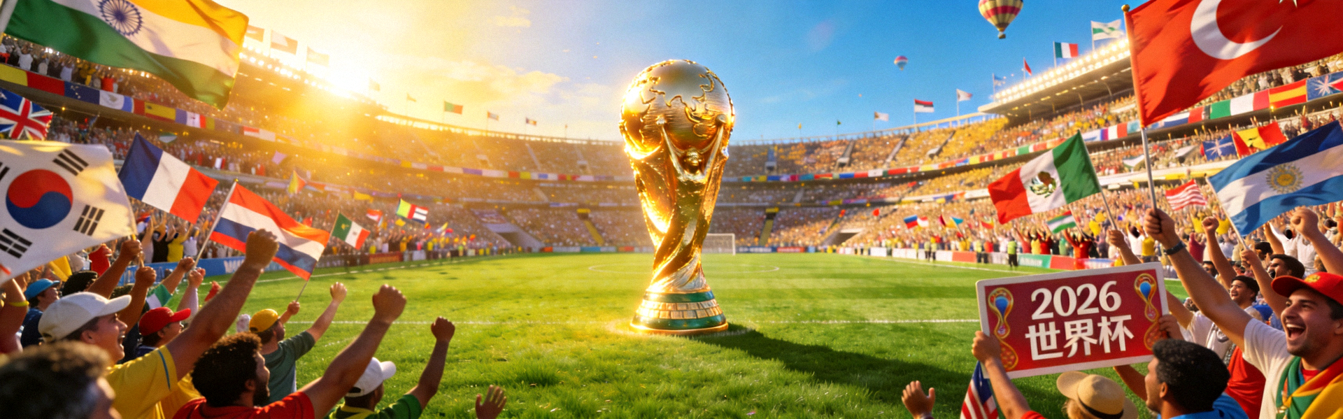 2026世界杯足球赛全景，绿茵球场与激情球迷，大力神杯在中央闪耀